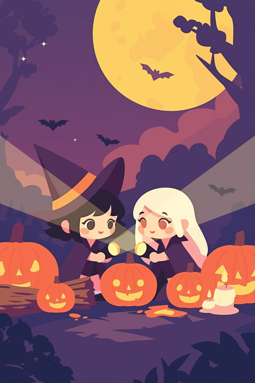 cute halloween drawings for kids, showing two playful witches enjoying a magical evening with glowing pumpkins under a full moon. Explore this pin to learn how to draw this adorable Halloween scene for kids. Click for step-by-step instructions and save for your holiday projects!